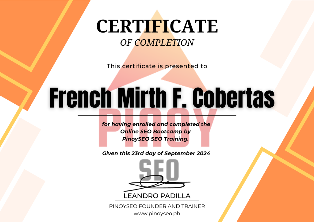 My SEO Specialist Certificate during my internship at SOVA - School of Virtual Assistant
